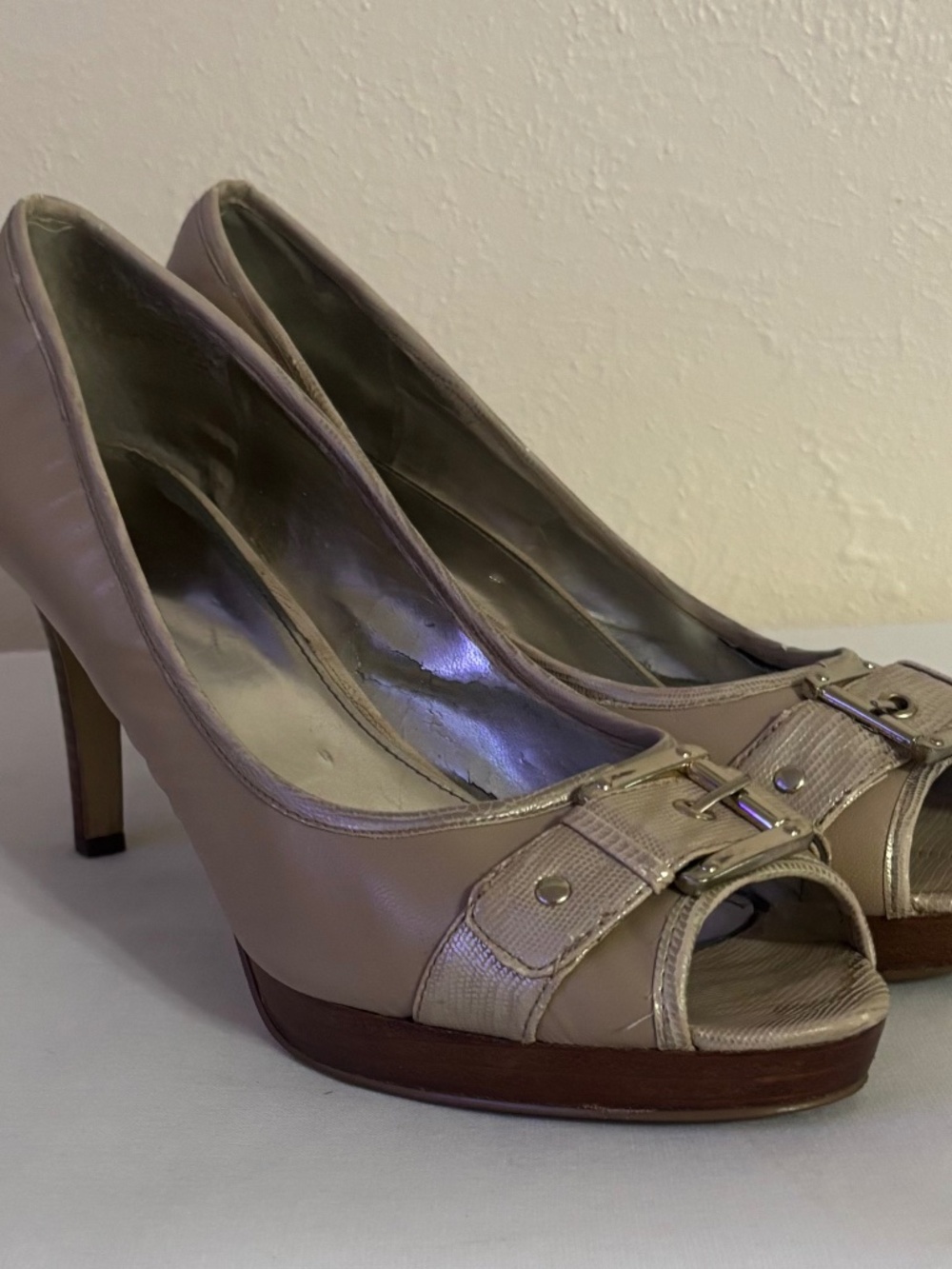 Alfani Pacific Nude Leather Gold-Tone Peep Toe Heel - 9.5